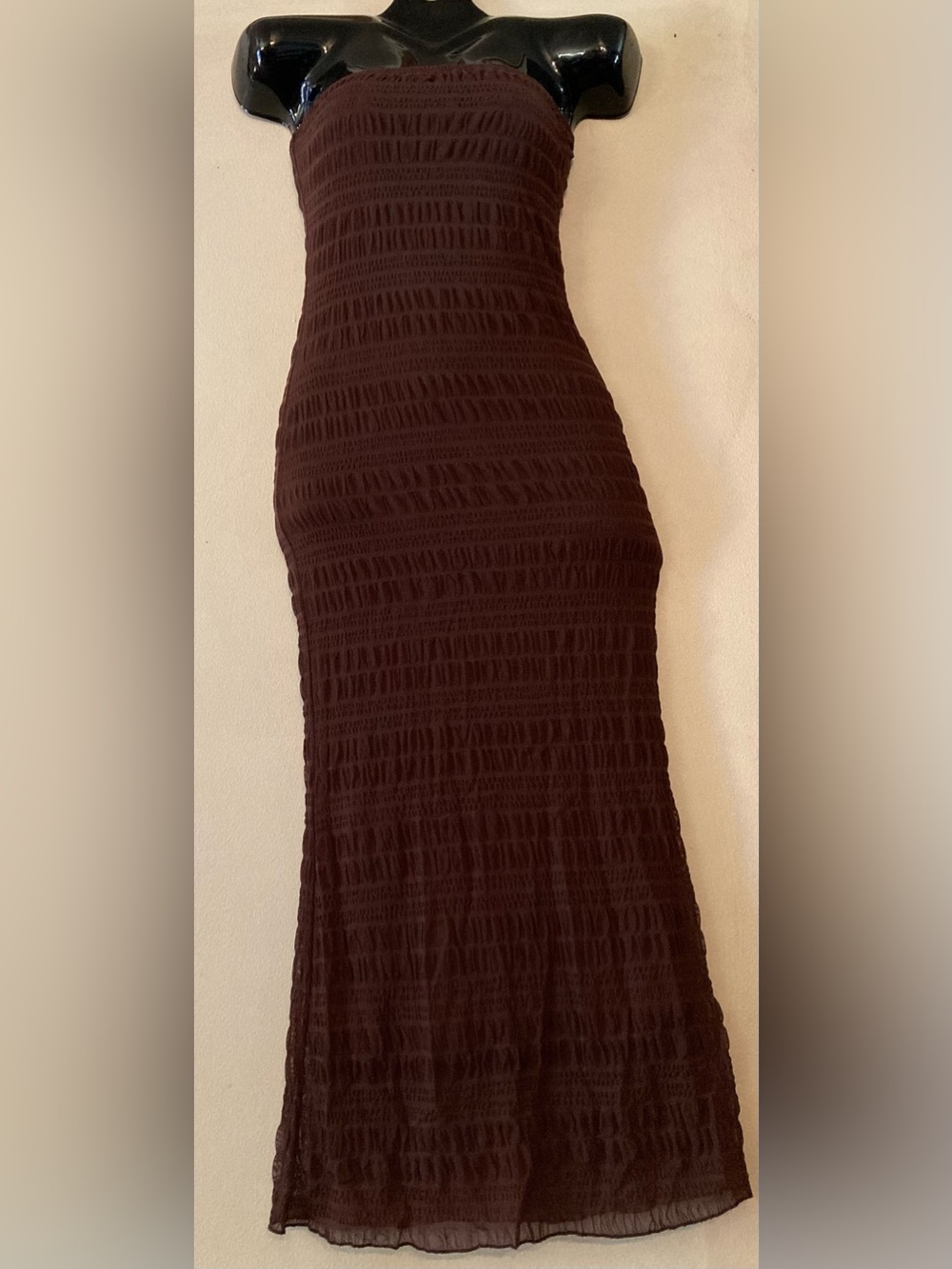 Strapless Chocolate Brown Lined Mesh Maxi Dress